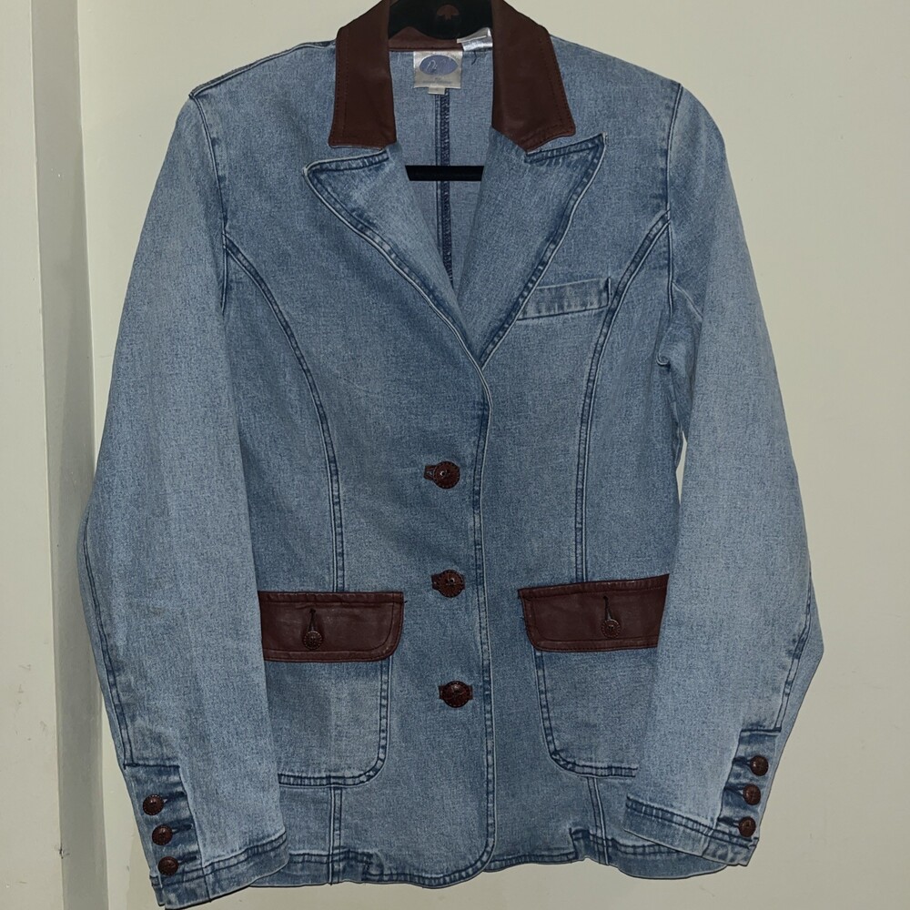DG2 Diane Gilman Denim Blazer Womens S Faux Leather Cognac Western Jean Jacket